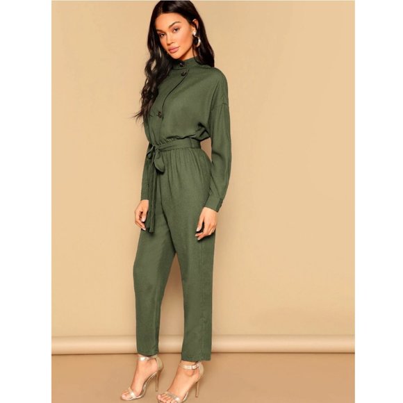 Drop Shoulder Asymmetrical Button Front Belted Jumpsuit - Picture 5 of 14